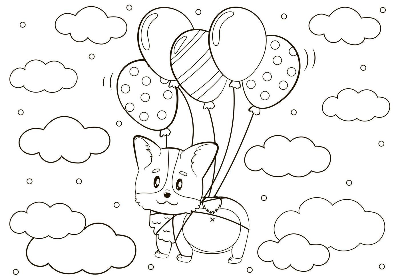 Cute coloring page with cute corgi puppy character floating tied to heart balloons vector
