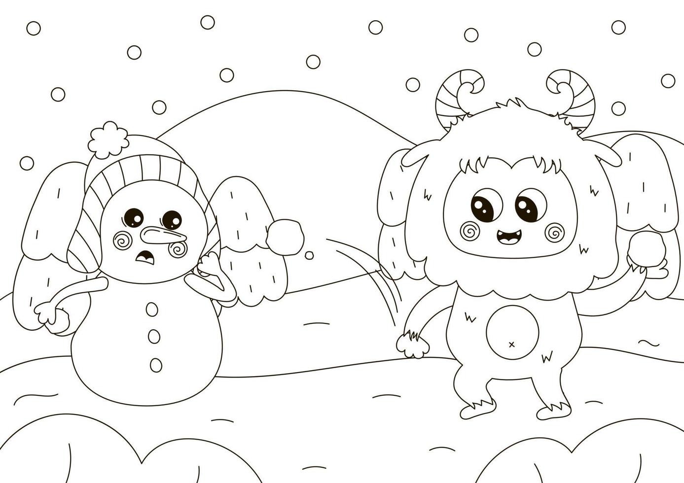 Funny coloring page with cute Yeti character and snowman playing snowballs fight vector
