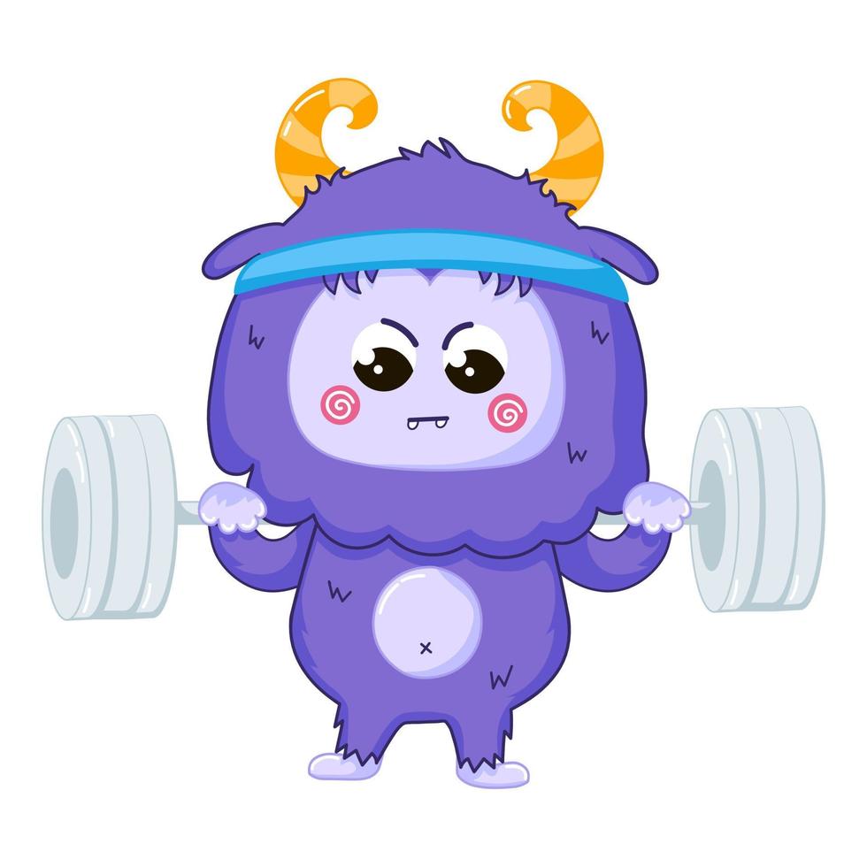 Funny Yeti mascot character workout in the gym, making exercises with dumbbell vector