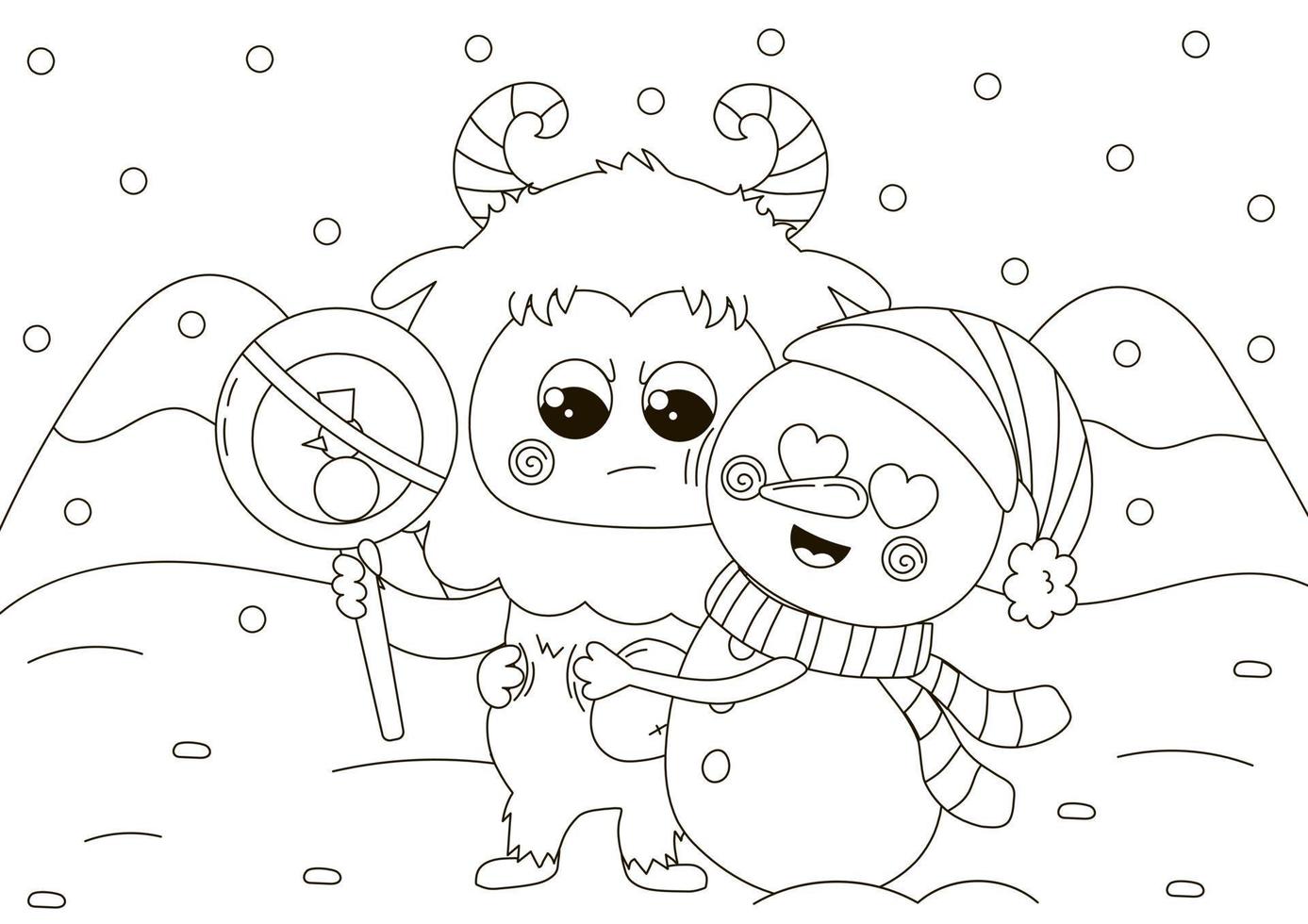 Funny coloring page with cute angry Yeti character holding sign and snowman hugging him, vector