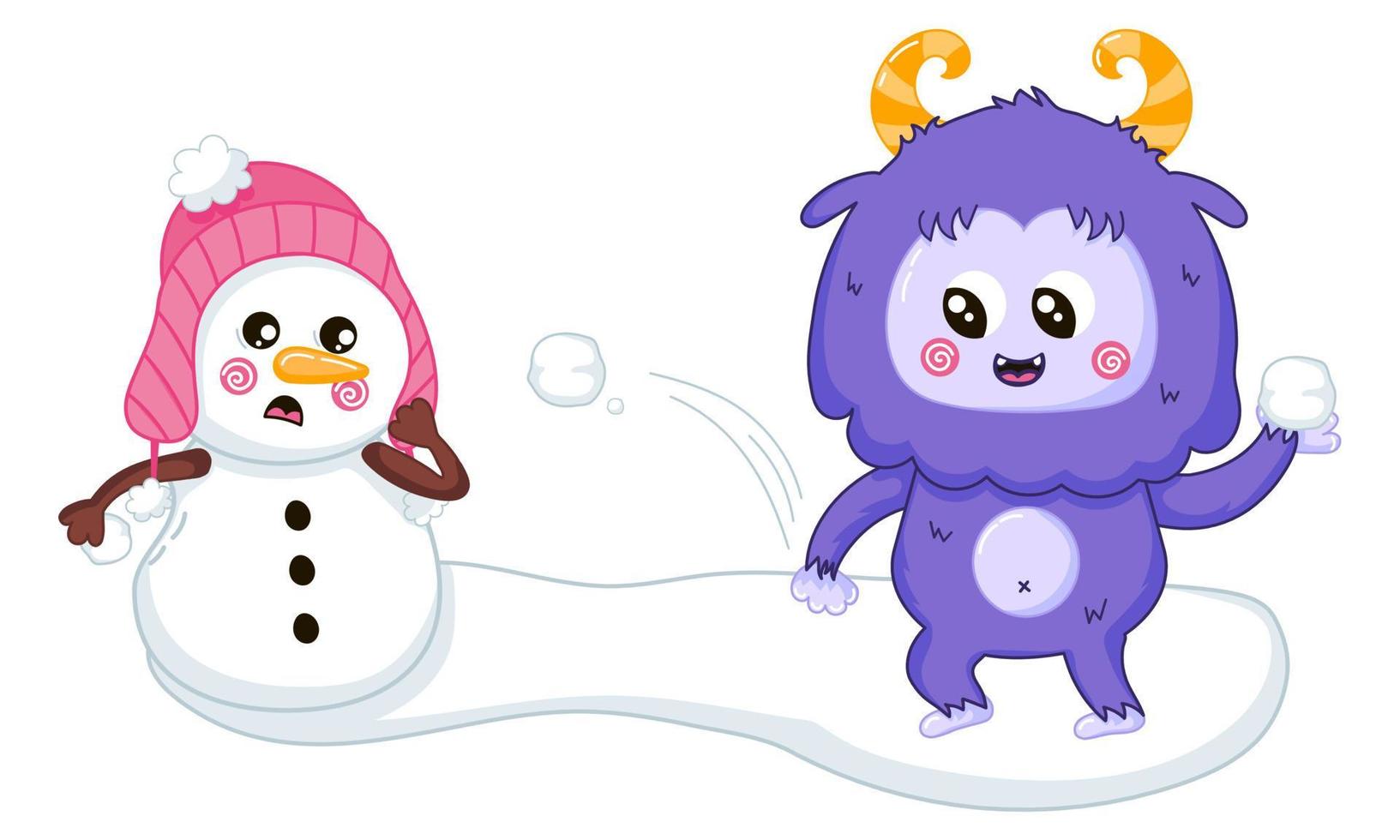 Funny Yeti mascot character playing with snowman friend, snowball fight vector