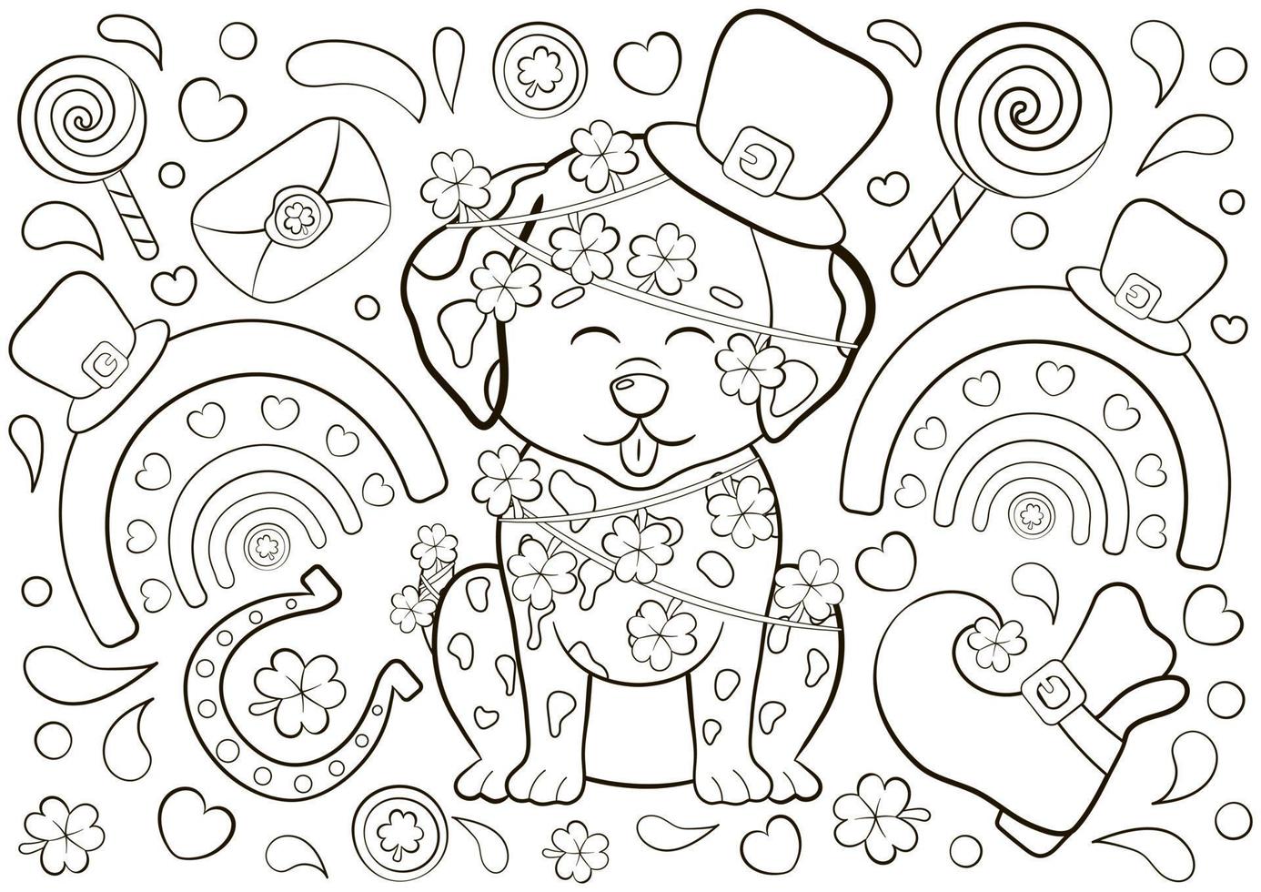 Cute coloring page for St Patrick's Day with Dalmatian character in shamrock garland and lucky hat vector