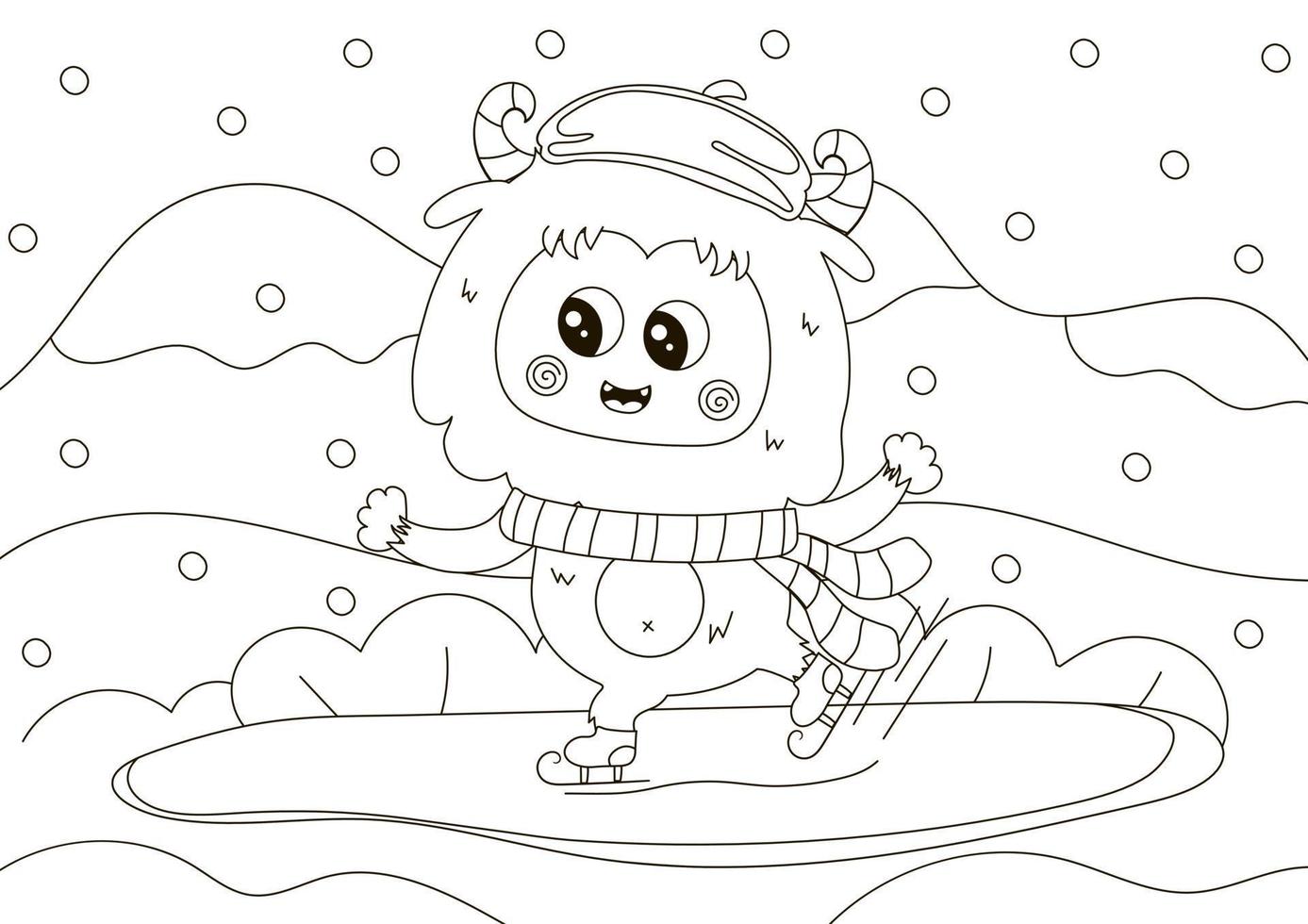 Funny coloring page with cute Yeti character ice skating vector