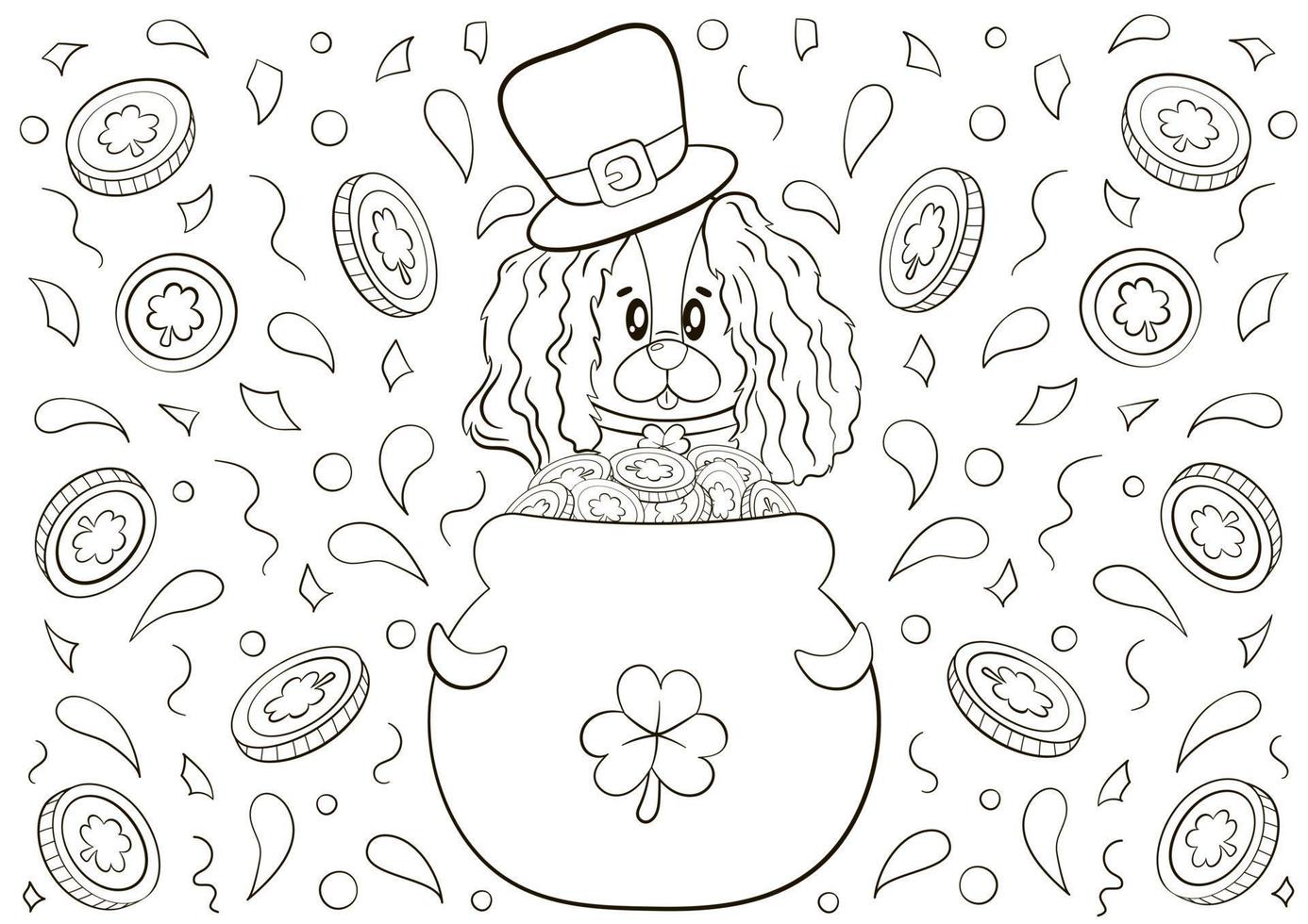 Cute coloring page for St Patrick's Day with dog character in cauldron and lucky coins around vector
