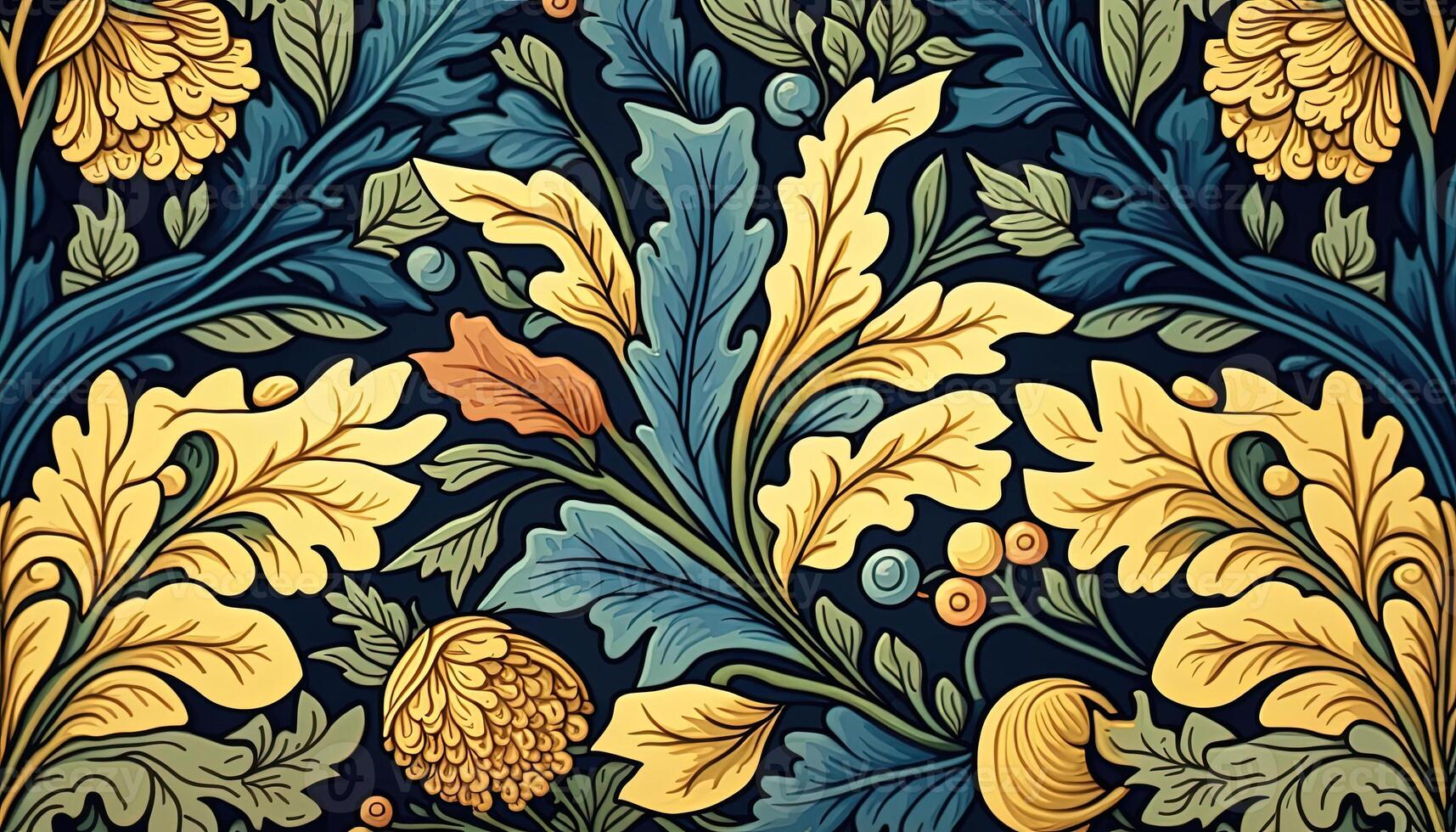 , Floral yellow, blue, green colors pattern. William Morris inspired natural plants and flowers background, vintage illustration. Foliage ornament. photo