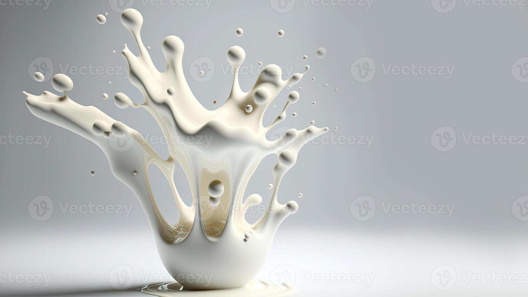 , Flowing liquid with splashes in white color. Glossy cream milk fluid banner, 3D effect, modern macro photorealistic abstract background illustration. photo