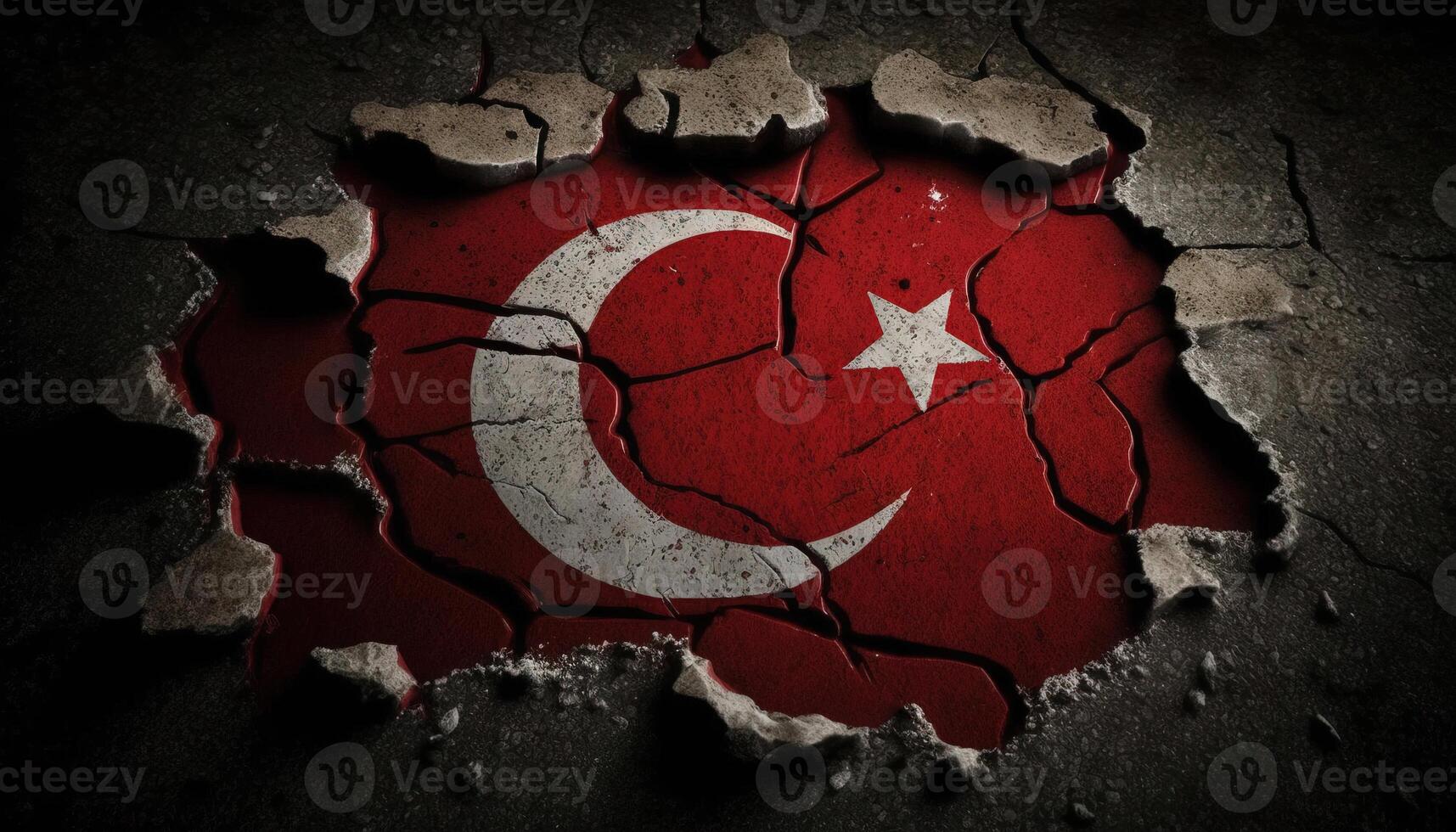 , earthquake in Turkey banner, Turkish flag on broken concrete, cracked ground. Catastrophic concept, calamity that struck this country photo