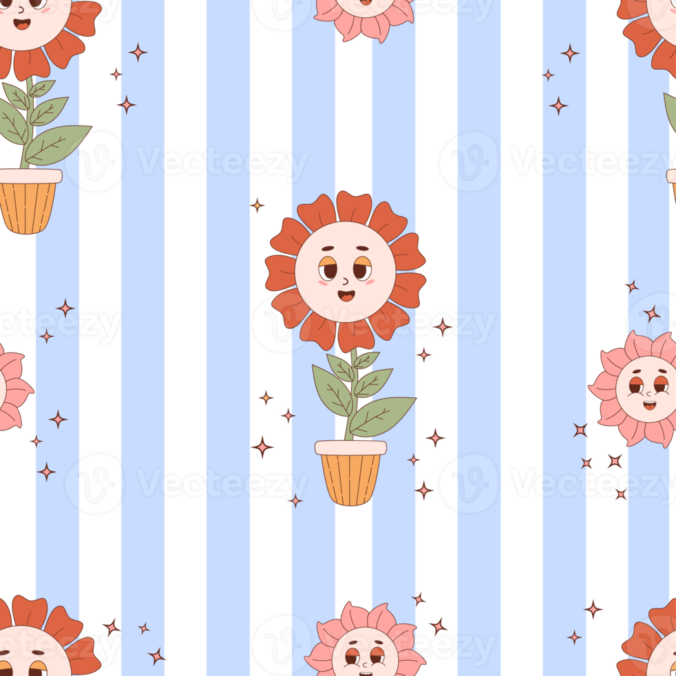 Retro seamless pattern with Groovy flower power png