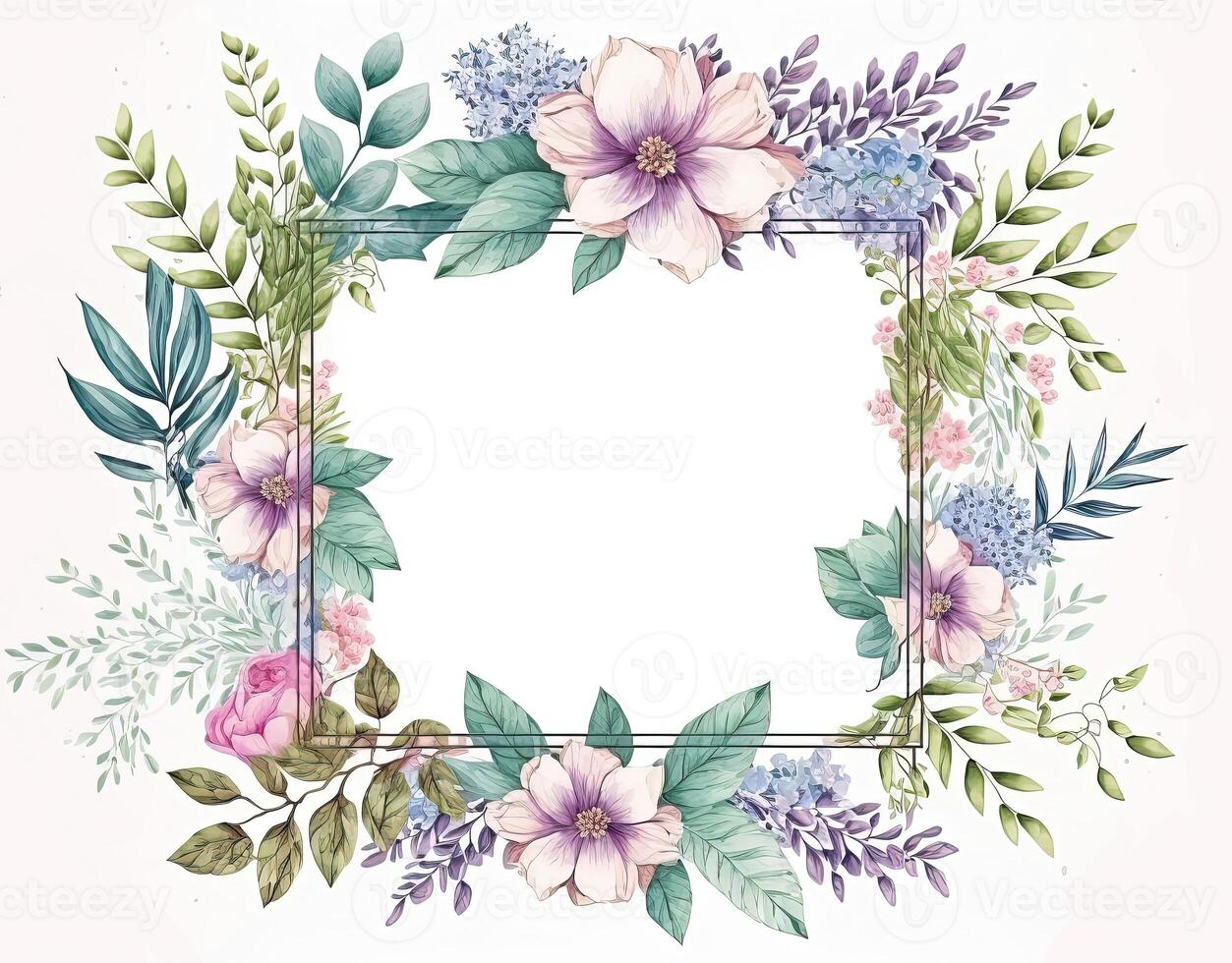 , Watercolor frame with spring flowers, hand drawn art style with place for text. Greeting, birthday and other holiday, wedding invitation concept photo