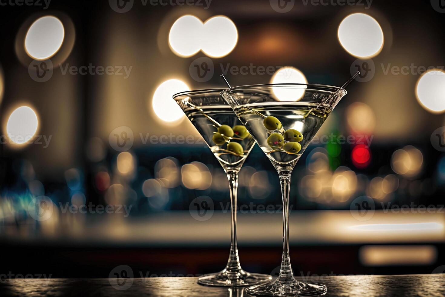 , Two martini on a night bar with spicy olives, photorealistic horizontal illustration. Alcoholic drinks with a place for text photo