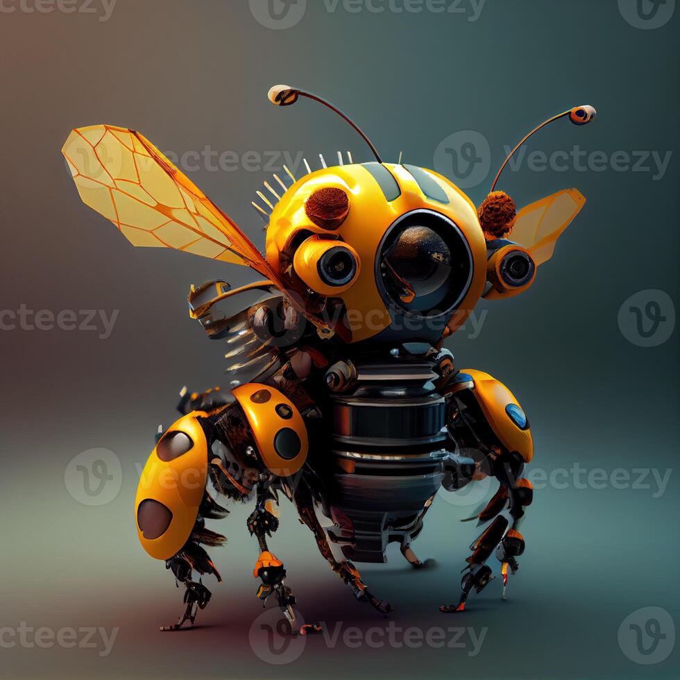 , Robot cyborg bee, concept blockchain and technology networks, yellow mechanical insect. Steampunk cyberpunk style, artificial intelligence photo