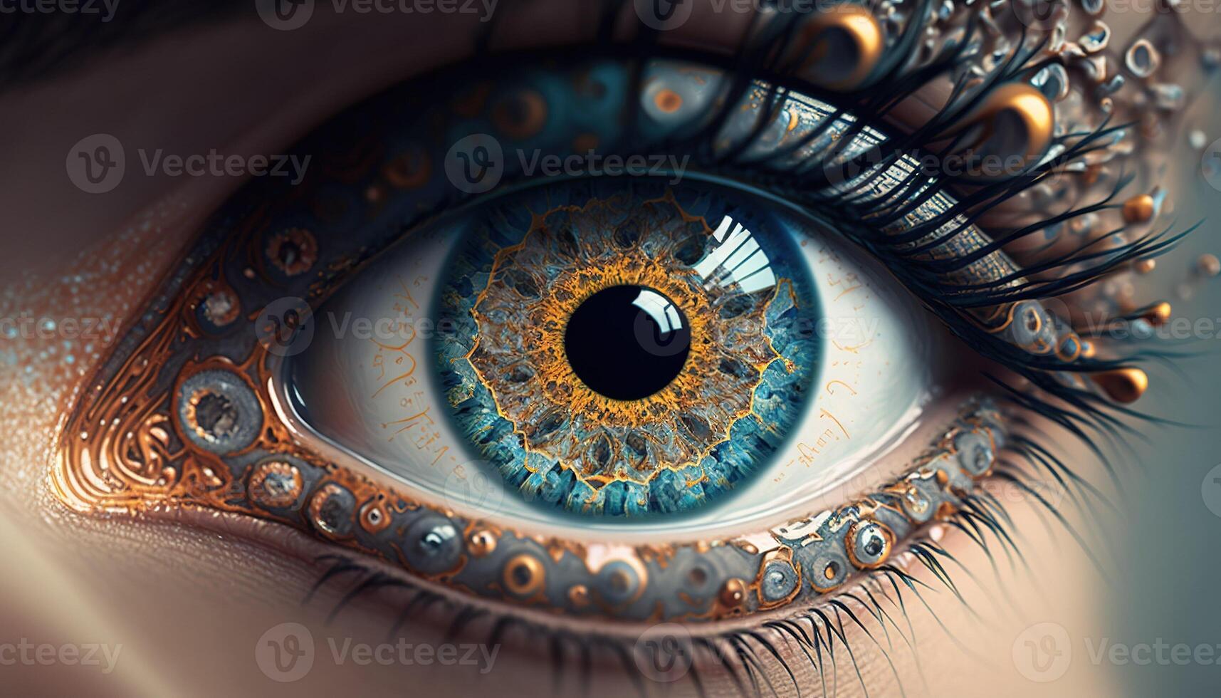 , Macro human open eye with makeup, fantasy photorealistic horizontal illustration. Futuristic fantasy digital art concept. photo