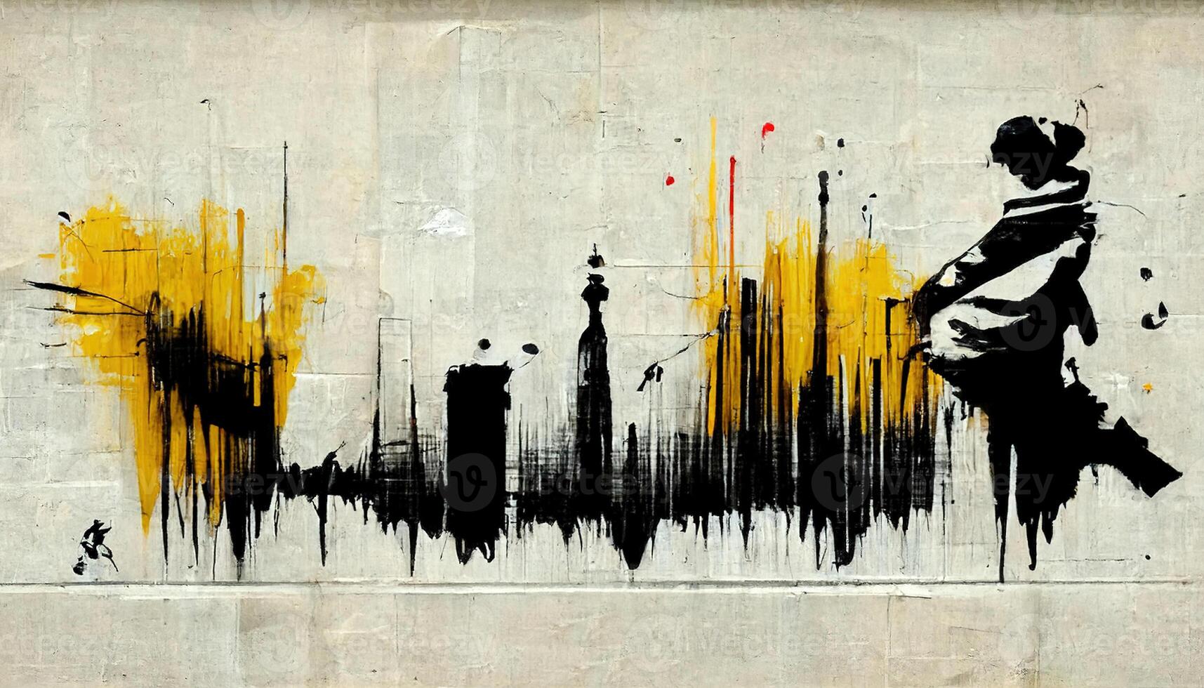 , Ink black street graffiti art on a textured paper vintage background, inspired by Banksy. photo