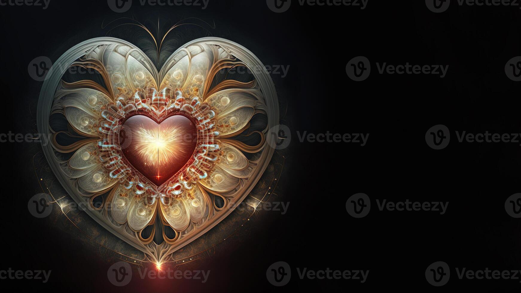 , Chakra heart fantasy digital illustration. Love, feelings, charity, kindness, romantic St. Valentine's Day concept. Glowing cosmic design, horizontal banner. photo