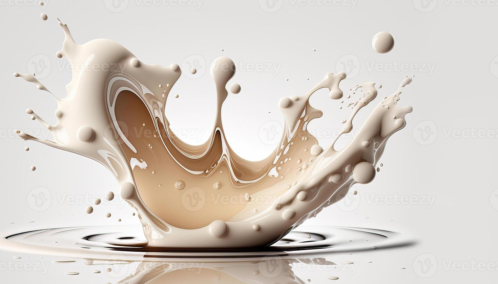 , Flowing liquid with splashes in white color. Glossy creamy milk fluid banner, 3D effect, modern macro photorealistic abstract background illustration. photo