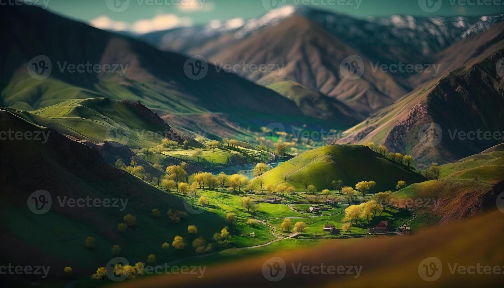 , Mountains spring green landscape, houses, trees, road, beautiful countryside. Nature Illustration, photorealistic tilt shift horizontal banner. photo