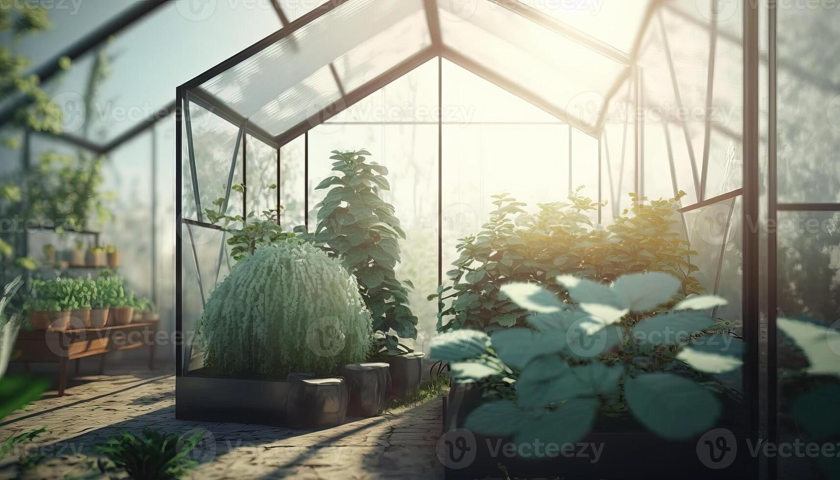 , Green house from the glass, tent-glass garden with a lot of plants. Photorealistic effect. photo