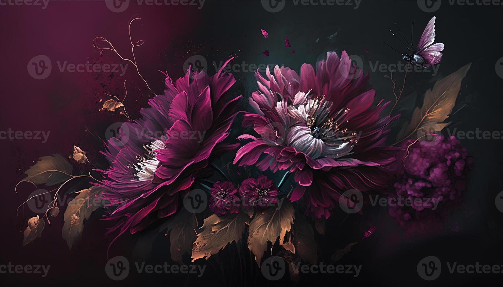 , Close up of blooming flowerbeds of amazing viva magenta flowers on dark moody floral textured background. Photorealistic effect. photo