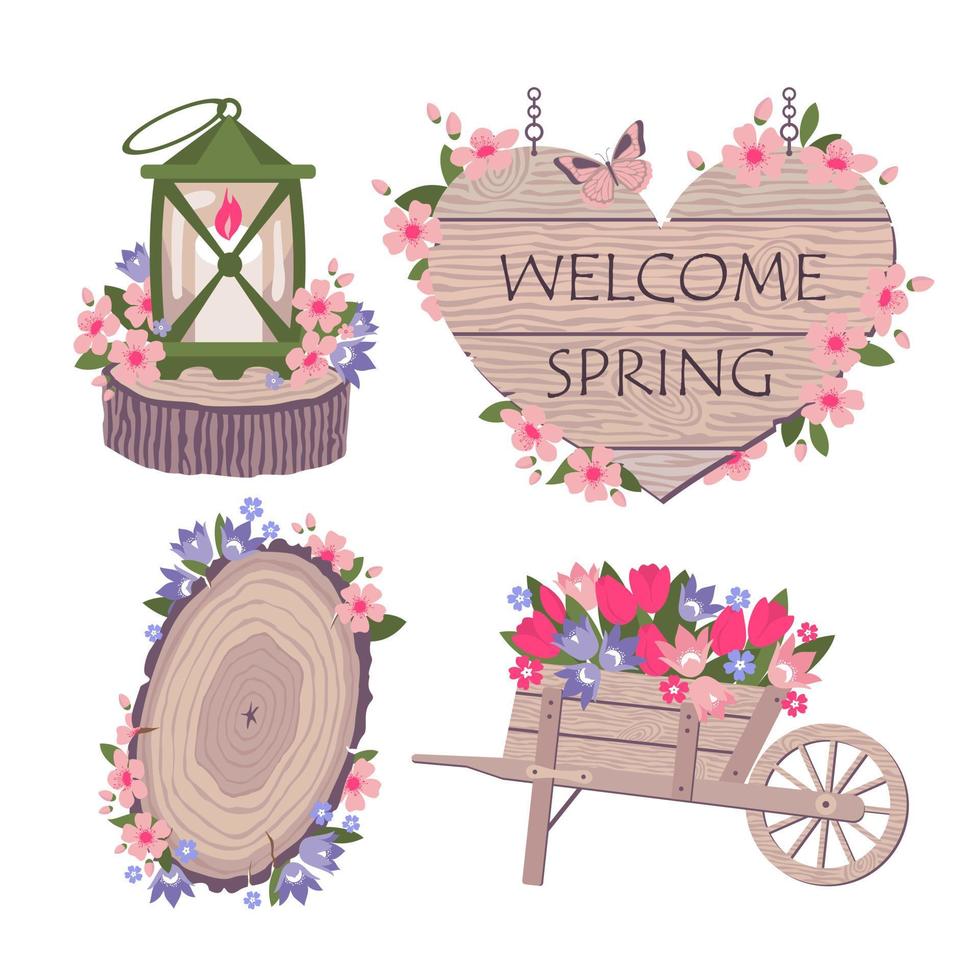 SPRING LANTERN WHEELBARROW  SET vector