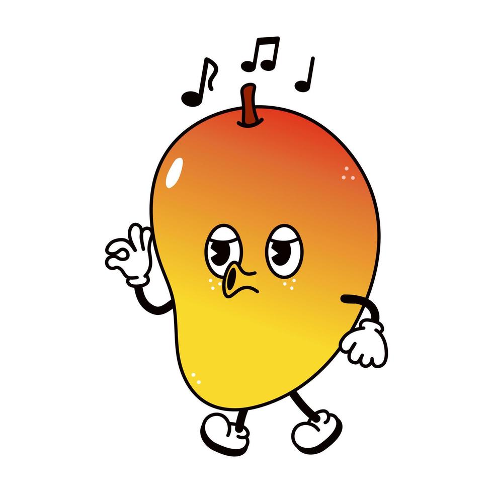 Cute funny Mango walking singing character. Vector hand drawn traditional cartoon vintage retro, kawaii character illustration icon. Isolated white background. Mango walk sing character