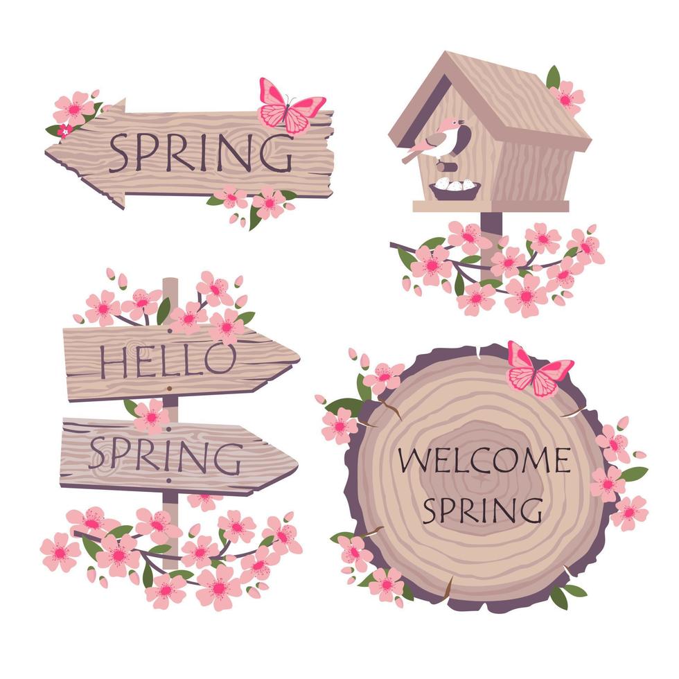 SPRING WOODEN BIRDHOUSE SET vector