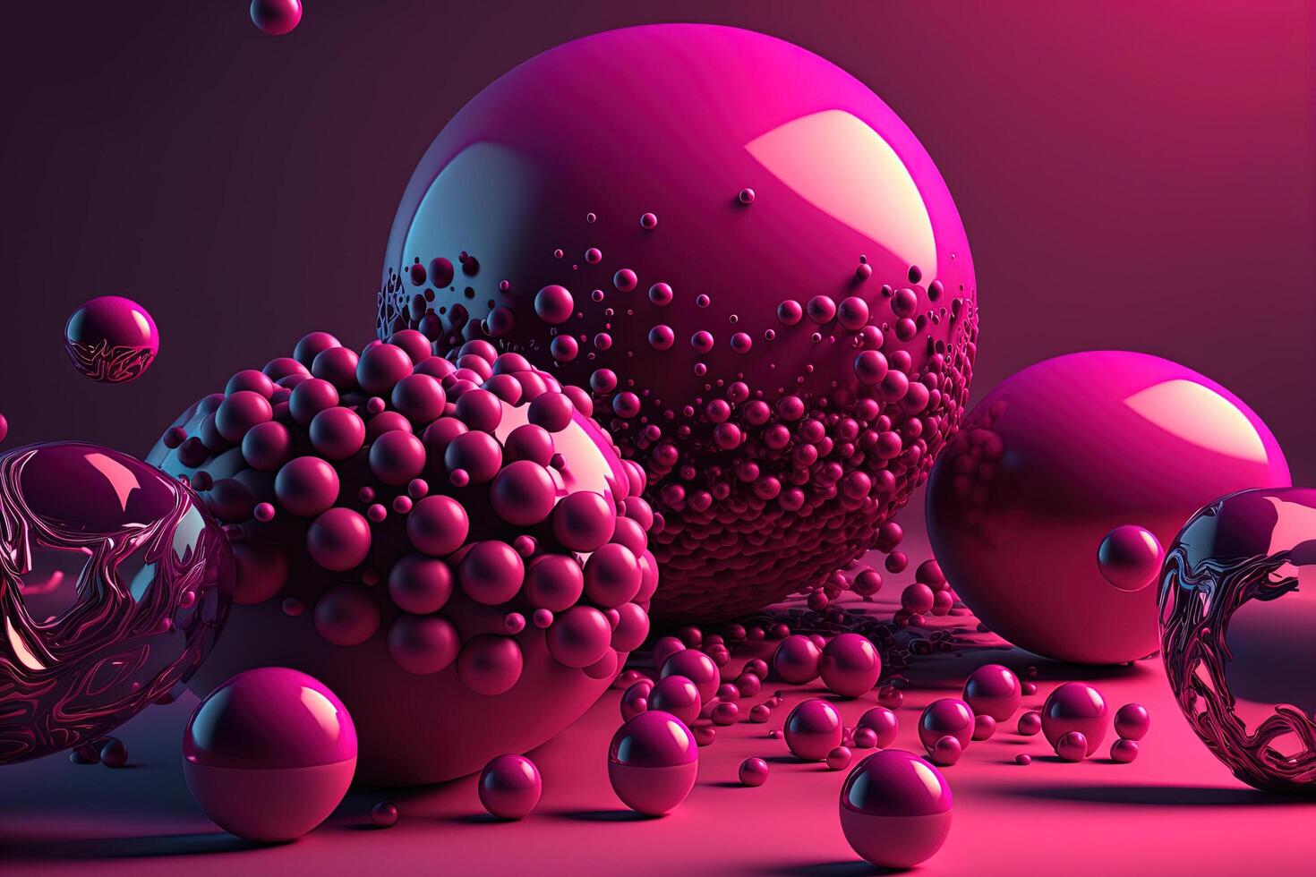 , geometric figures, cube, floating spheres and balls in magenta color. Glossy pink fluid banner, 3D scene effect, modern macro photorealistic abstract background illustration. photo