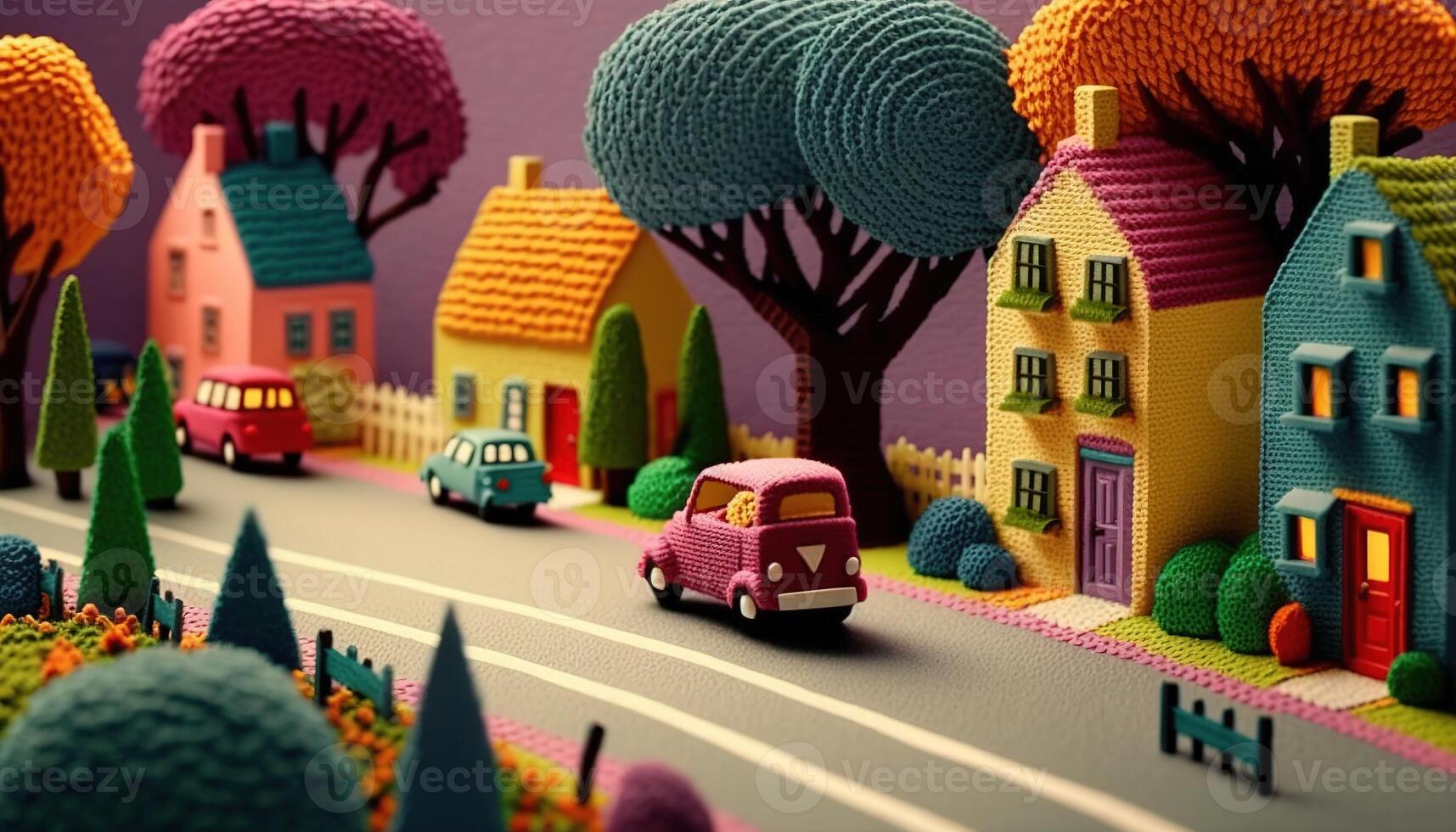 , cute street made of crochet, houses, trees, road, cars. Soft colors, dreamy scene cityscape made of crochet materials, wool, fabric, yarn, sewing for background photo