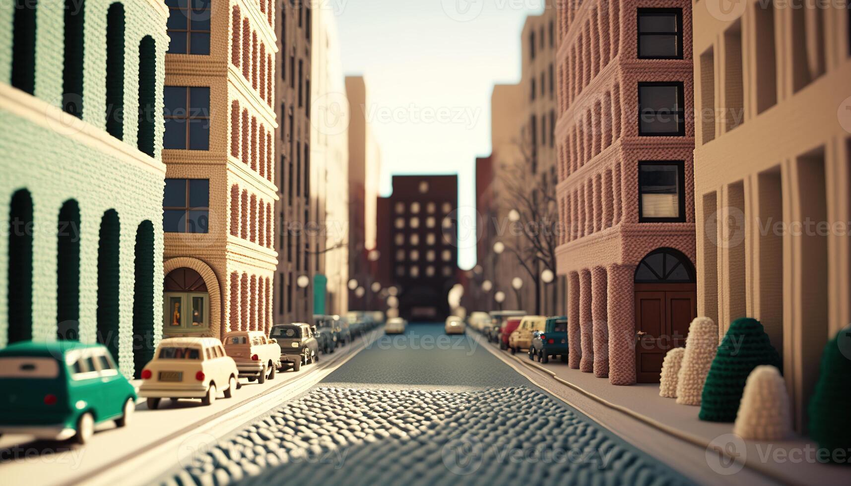 , cute street made of crochet, houses, trees, road, cars. Soft colors, dreamy scene cityscape made of crochet materials, wool, fabric, yarn, sewing for background photo