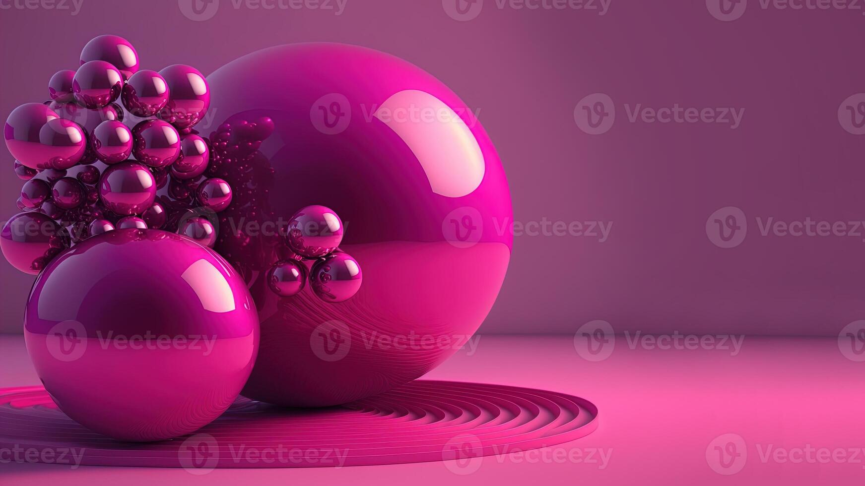 , geometric figures, cube, floating spheres and balls in magenta color. Glossy pink fluid banner, 3D scene effect, modern macro photorealistic abstract background illustration. photo