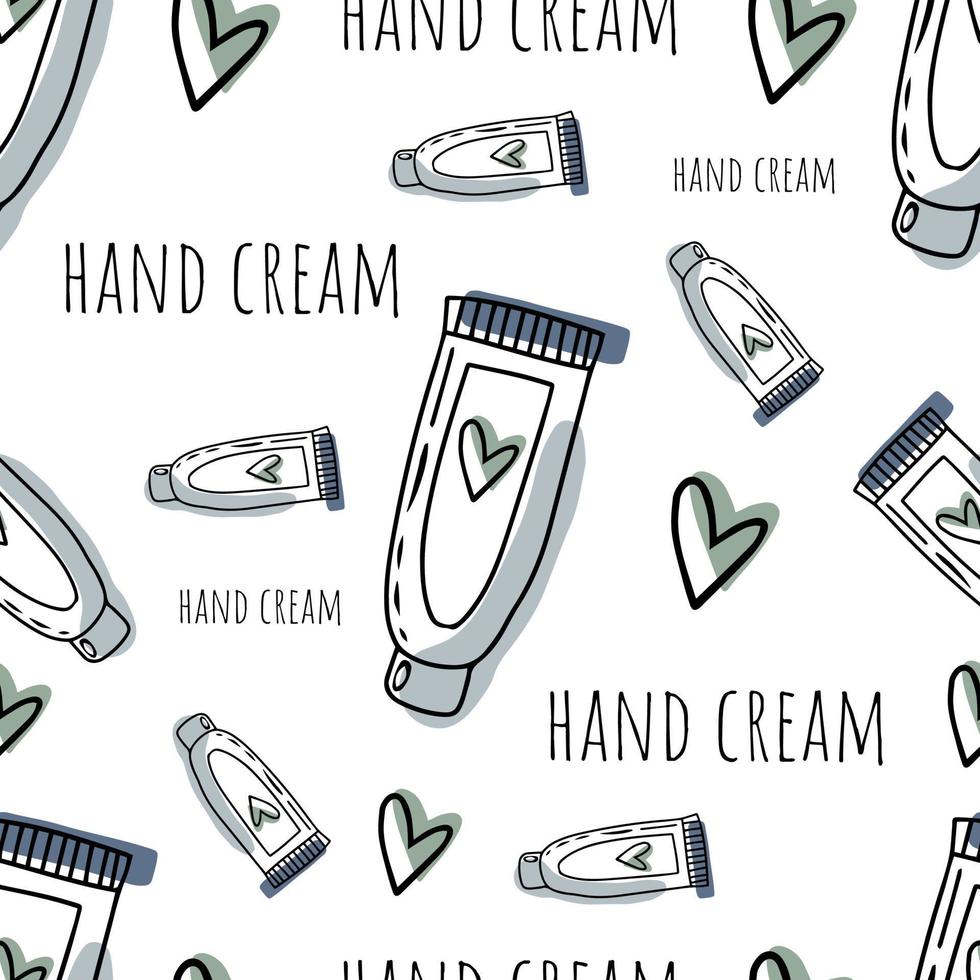 Seamless pattern Doodle hand cream, self care vector