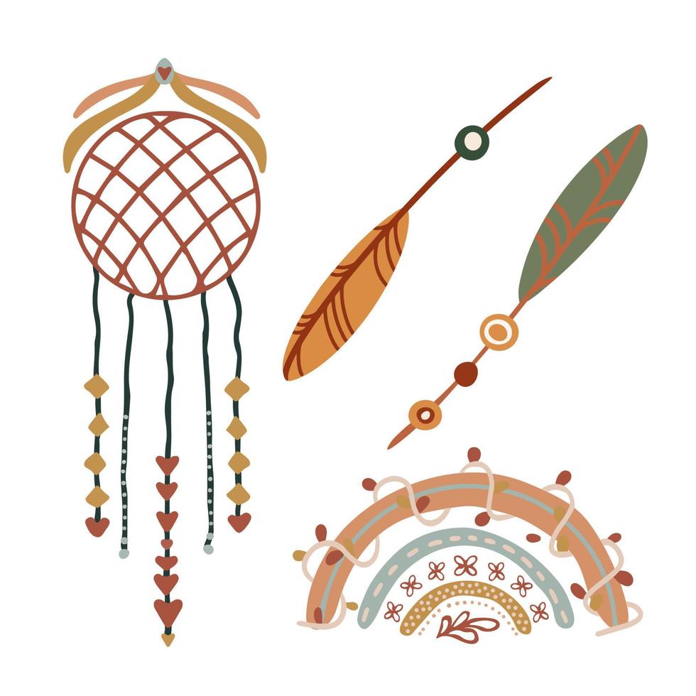 Boho set, dream catcher, feathers vector