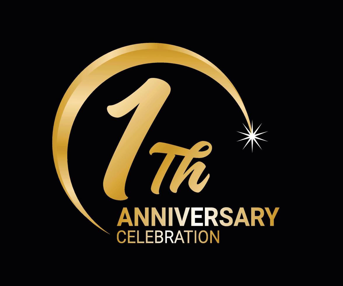 1th Anniversary ordinal number Counting vector art illustration in stunning font on gold color on black background