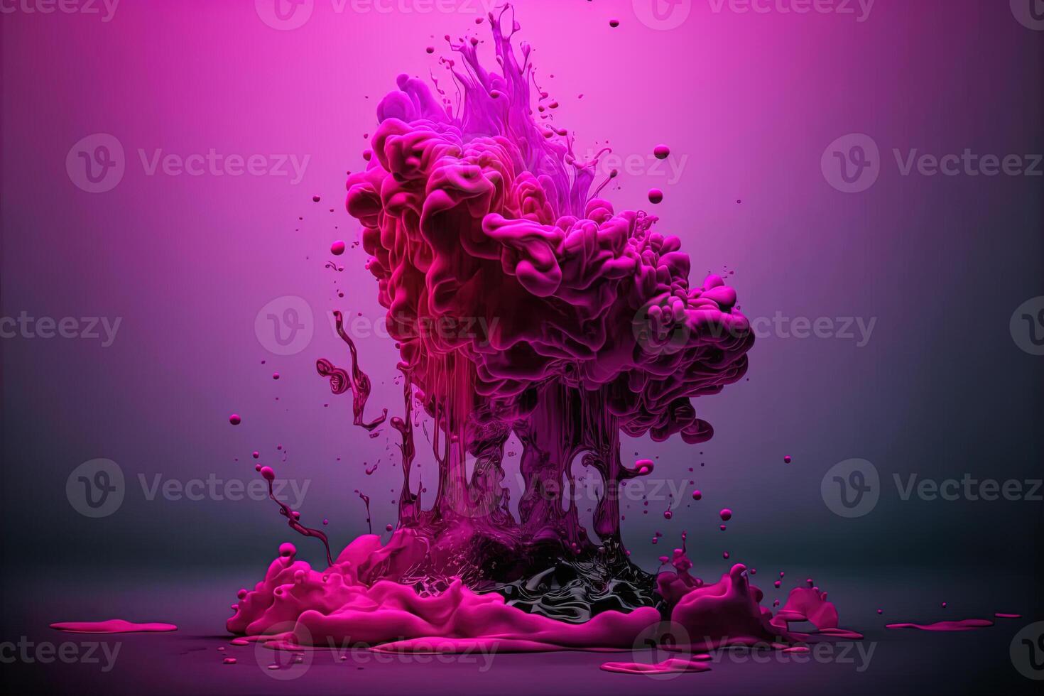 , Flowing liquid and smoke with splashes in magenta color. Bright pink fluid banner, 3D effect, modern macro photorealistic abstract background illustration, ink in water effect. photo