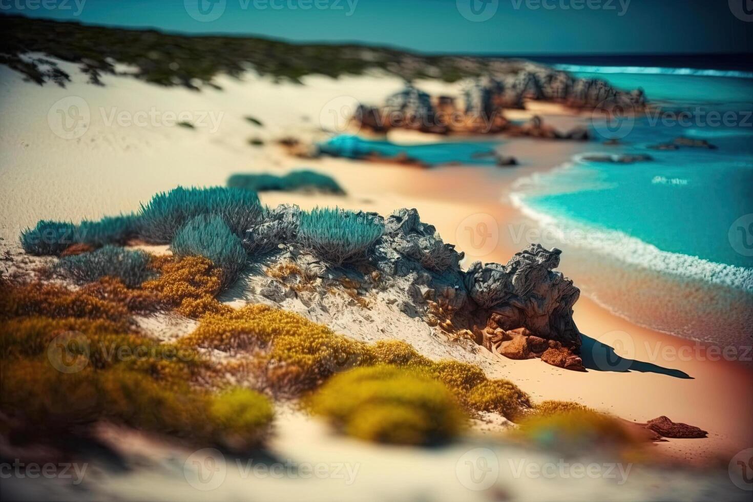, Exotic beach landscape panorama, beautiful ocean view. Nature summer Illustration, photorealistic tilt shift horizontal banner, travel and vacation concept. photo