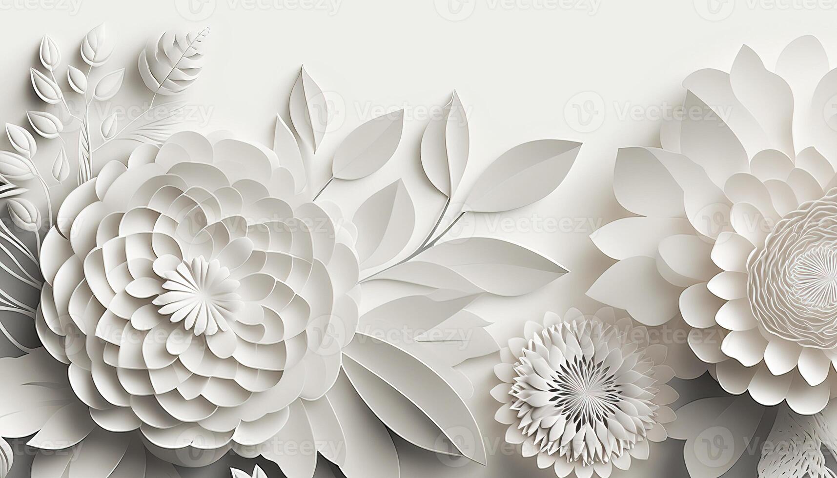 , Paper cut craft flowers and leaves, white color, floral origami textured background, spring mood. Photorealistic effect. photo