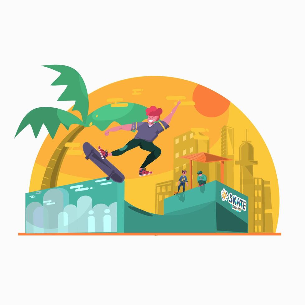 Skateboarder jumping on a ramp in the city. Flat vector illustration.