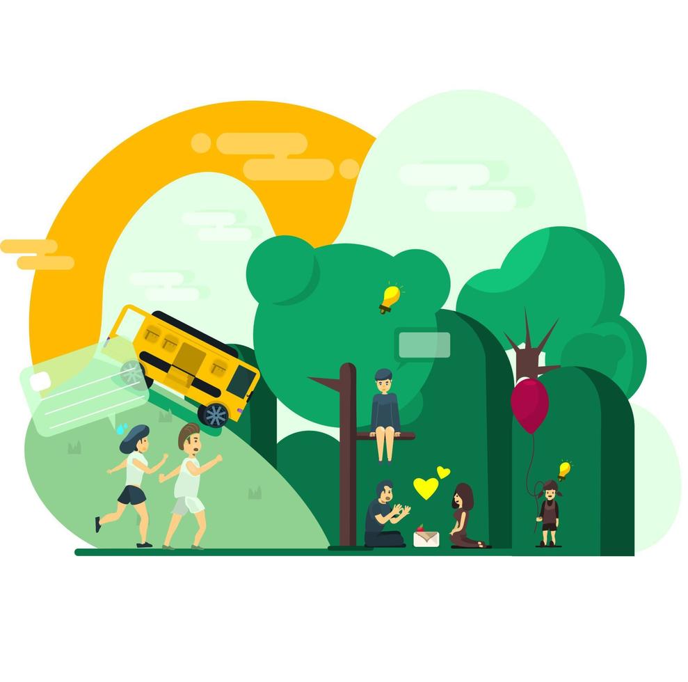 School bus and students in the park. Flat style vector illustration.