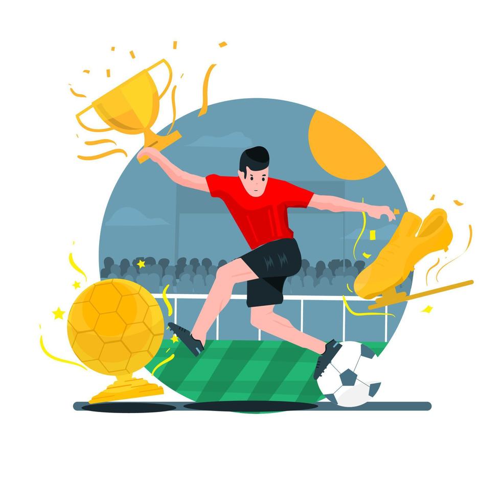 Soccer player with trophy and ball. Flat style vector illustration.