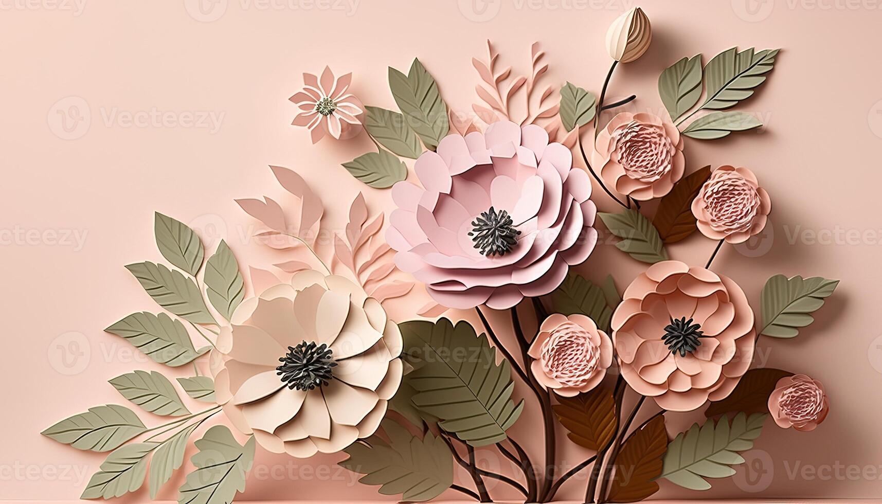 , Paper cut craft flowers and leaves, pastel beige and apricot colors, floral origami textured background, spring mood. Photorealistic effect. photo