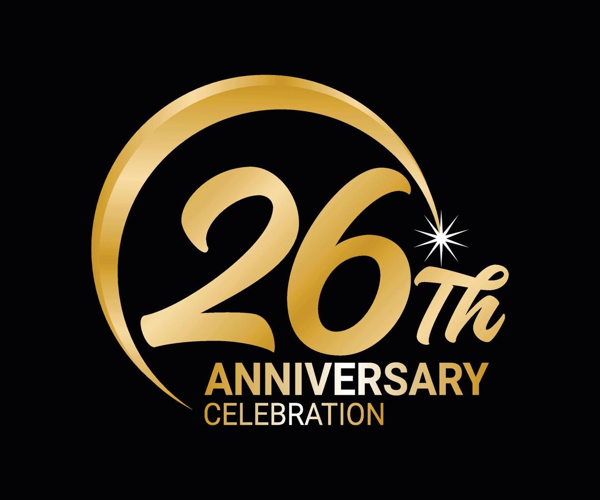 26th Anniversary ordinal number Counting vector art illustration in stunning font on gold color on black background