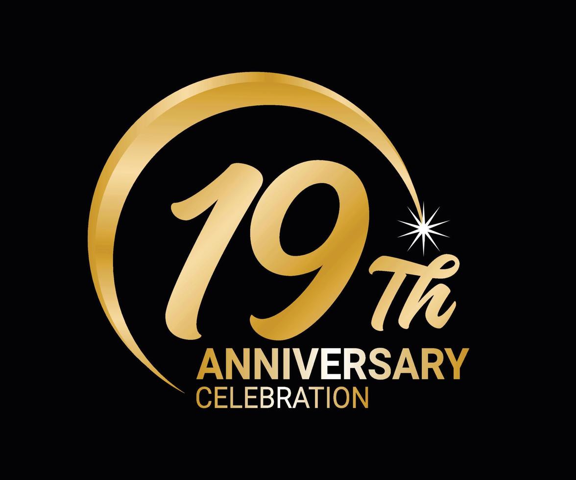 19th Anniversary ordinal number Counting vector art illustration in stunning font on gold color on black background