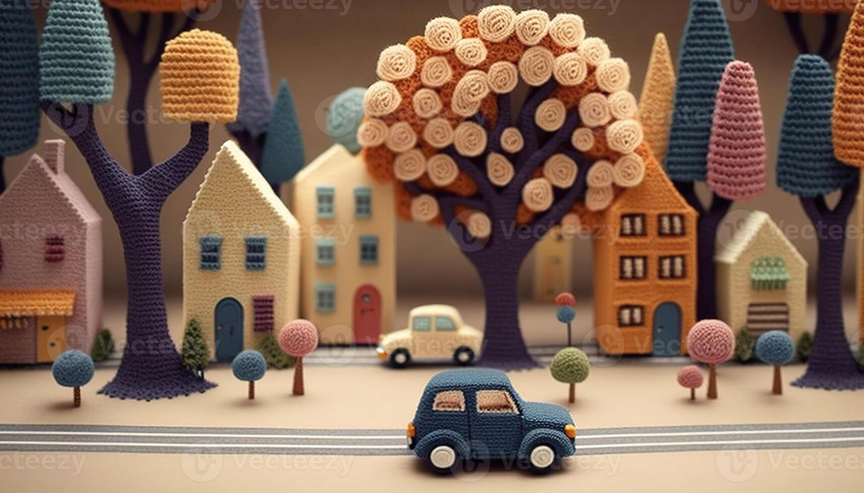 , cute street made of crochet, houses, trees, road, cars. Soft colors, dreamy scene cityscape made of crochet materials, wool, fabric, yarn, sewing for background photo