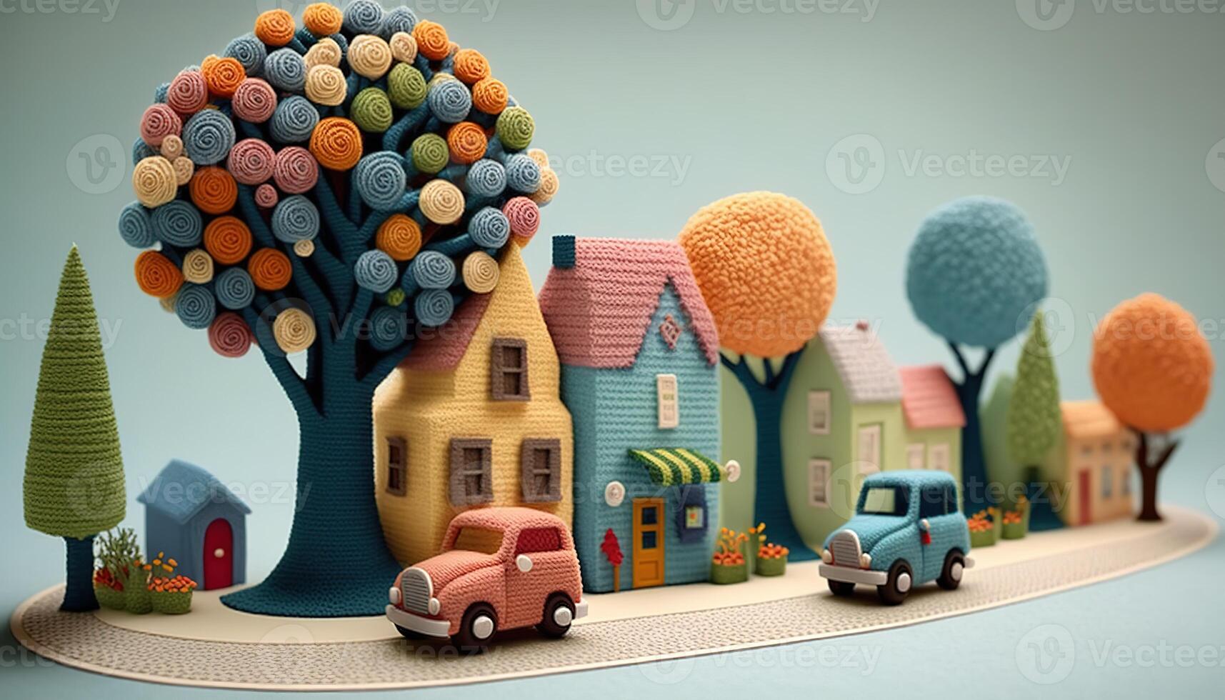 , cute street made of crochet, houses, trees, road, cars. Soft colors, dreamy scene cityscape made of crochet materials, wool, fabric, yarn, sewing for background photo