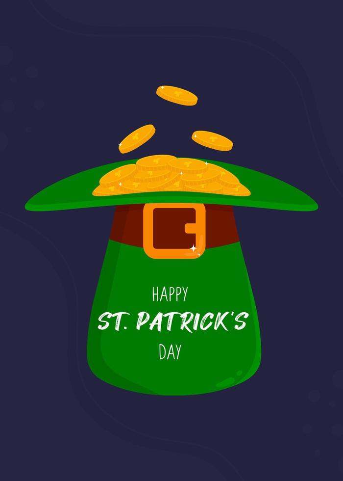 Vector greeting card with Green Leprechaun hat and gold. Printable greeting card illustration. Design for St. Patrick's Day.