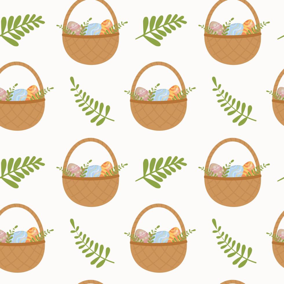 Seamless pattern with basket with easter eggs. Background for wrapping paper, greeting cards and seasonal designs. Happy Easter Day. vector