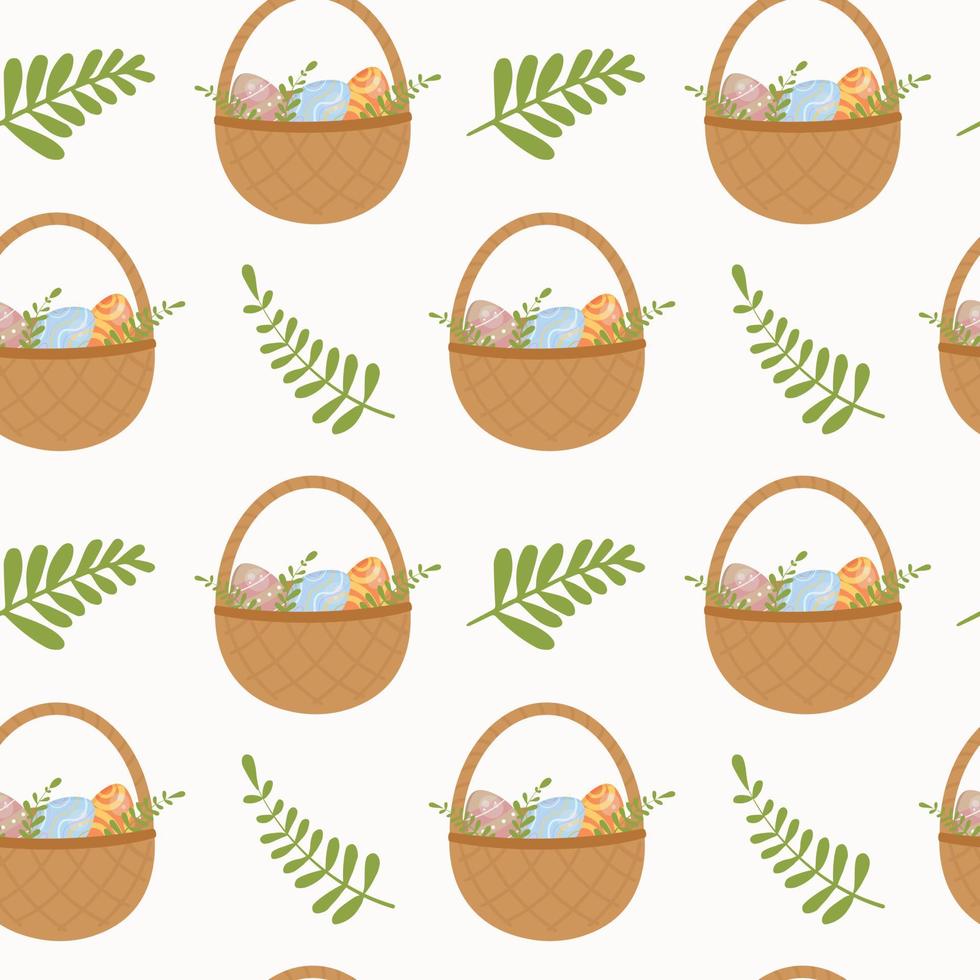 Seamless pattern with basket with easter eggs. Background for wrapping paper, greeting cards and seasonal designs. Happy Easter Day. vector