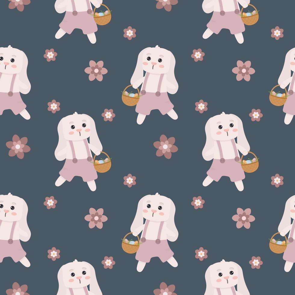 Seamless pattern with bunny, basket and flowers vector