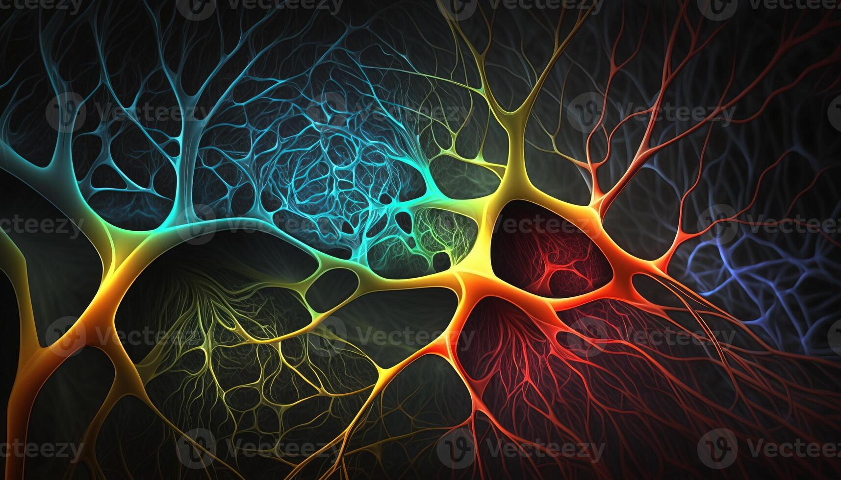 , Conceptual illustration of neuron cells with glowing link knots in abstract dark space, high resolution. Human nervous system, neural network photo