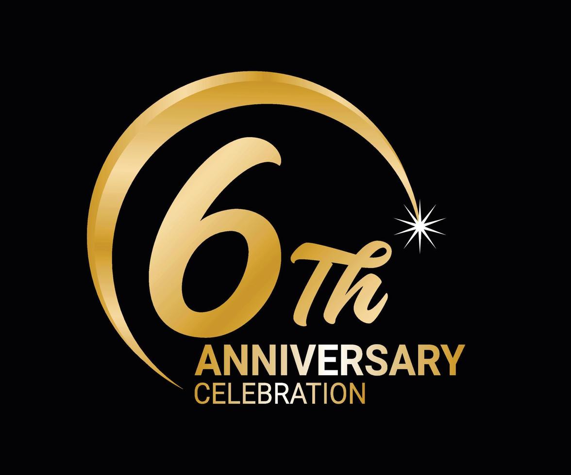 6th Anniversary ordinal number Counting vector art illustration in stunning font on gold color on black background