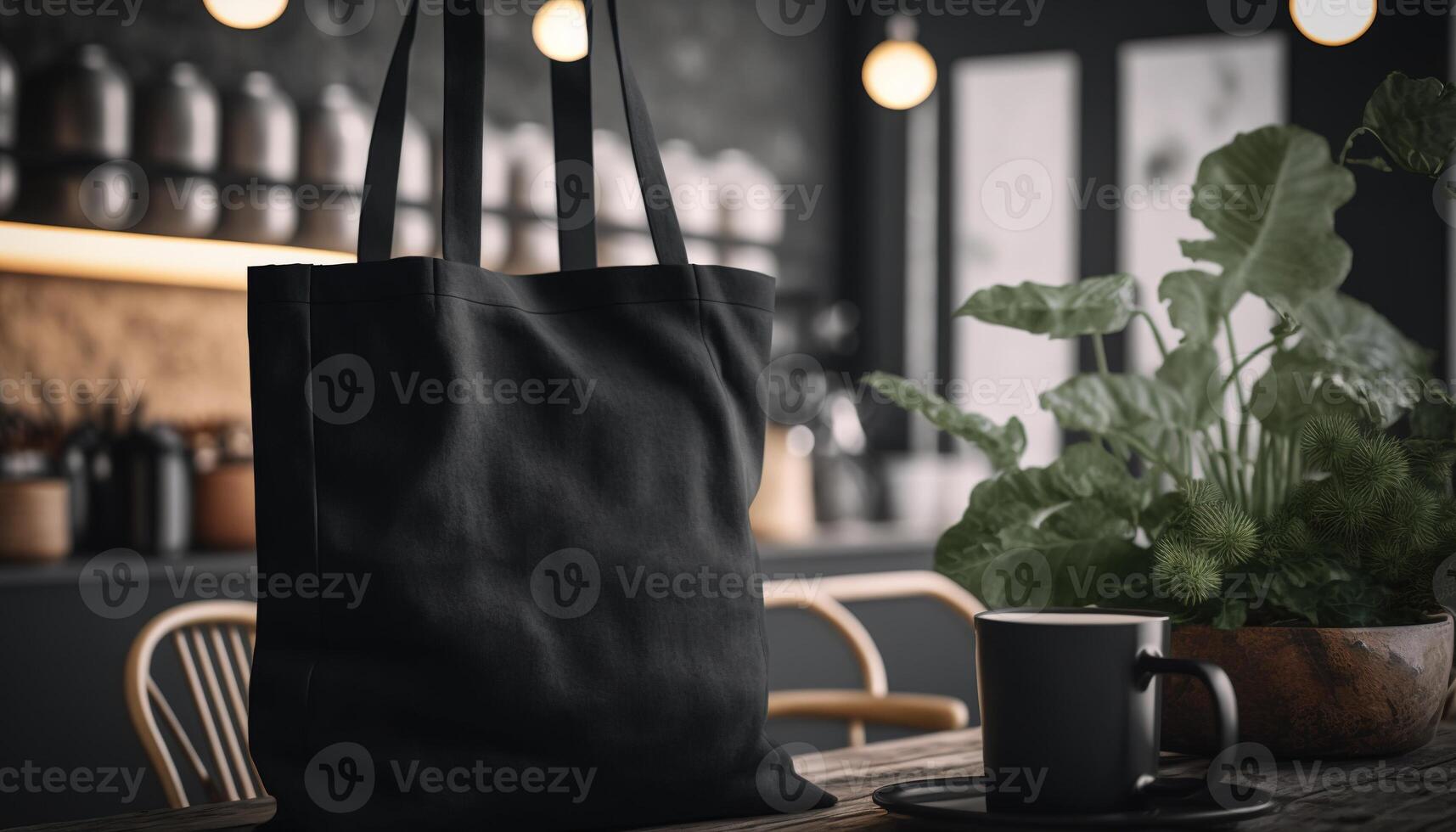 , Realistic black tote canvas fabric bag set-up in at home interior, mug mock up blank. photo